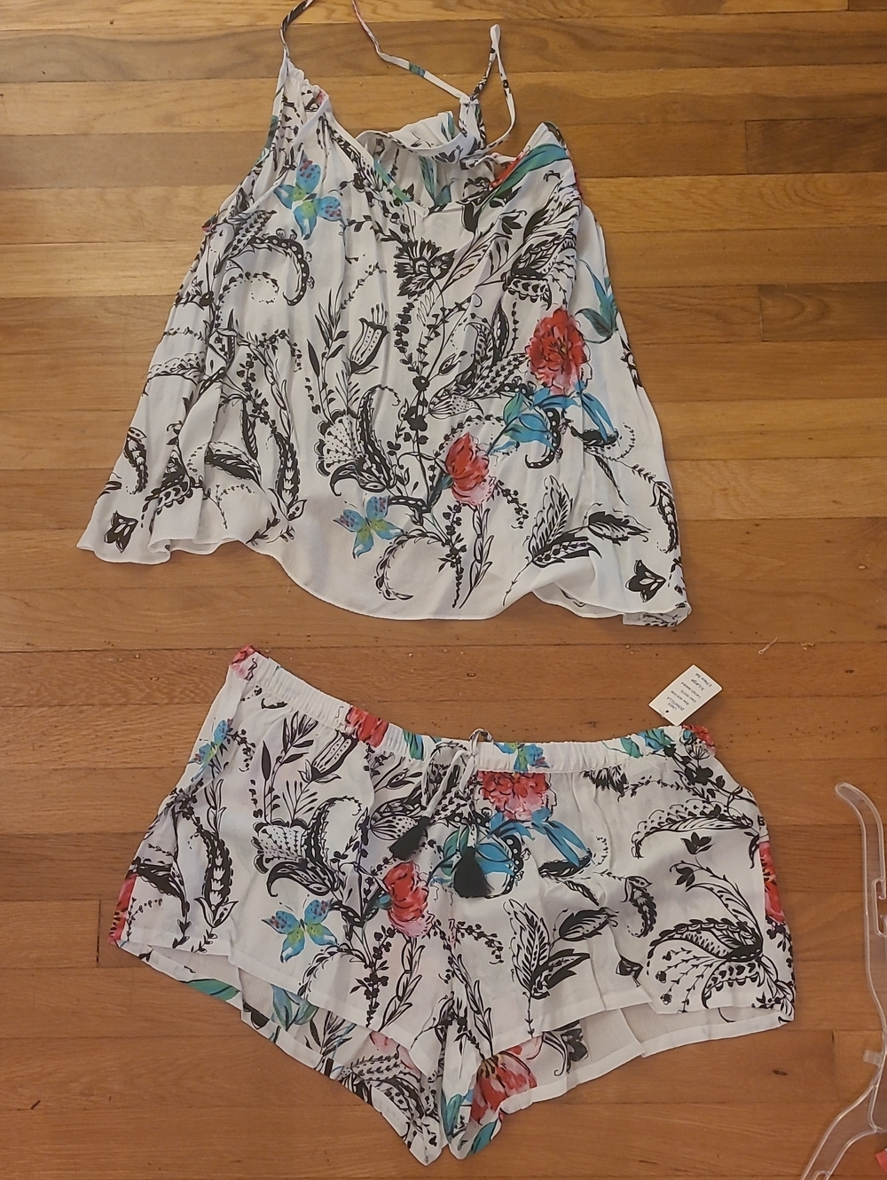 Linea Donatella White Floral Two-Piece Skirt Set with Blue and Coral Accents